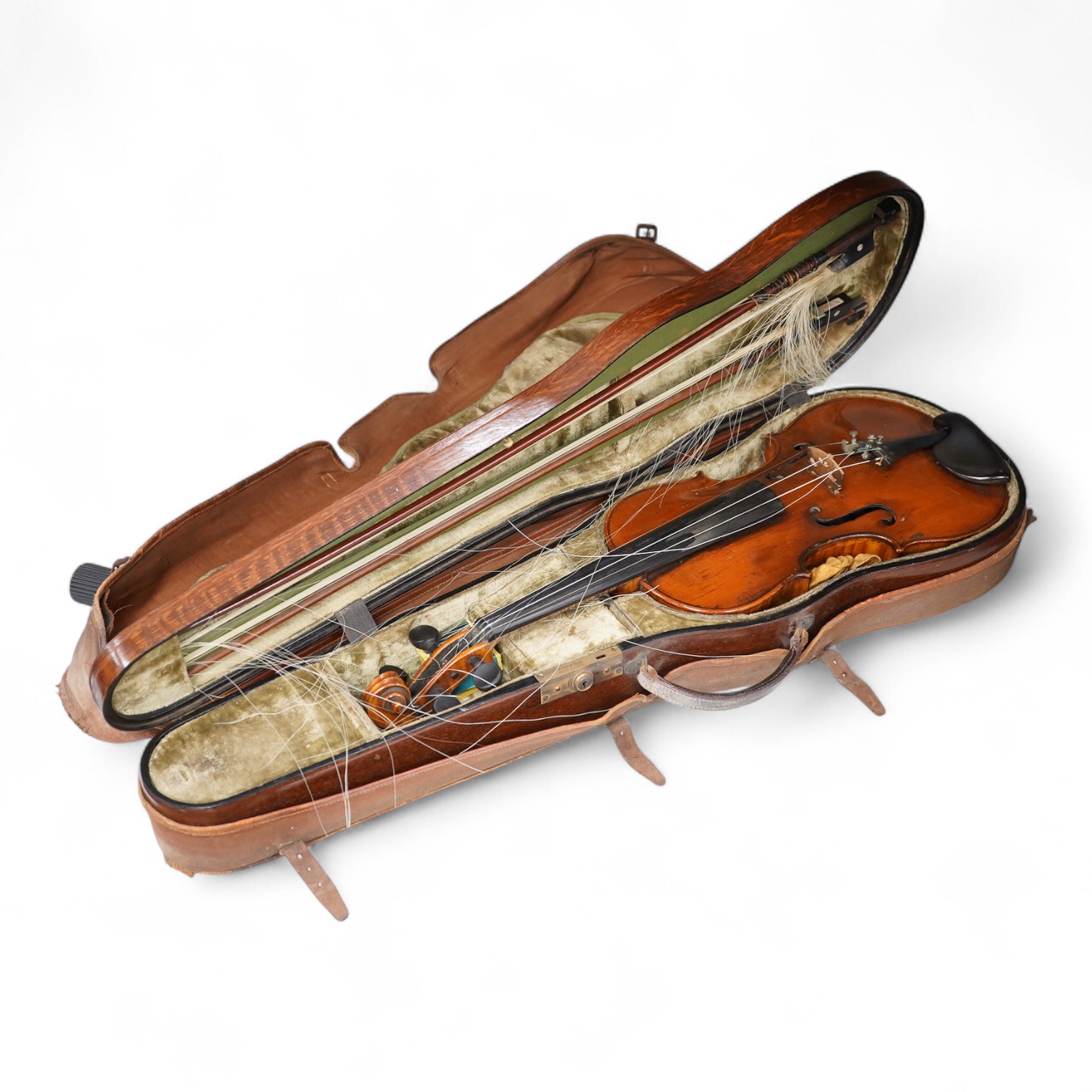 A late 19th century German violin in a Hill & Son oak case, with Hill canvas slip cover, together with an unbranded silver mounted bow, and another, ivory submission ref: 9HJU3B45 and ZC2E1GCP